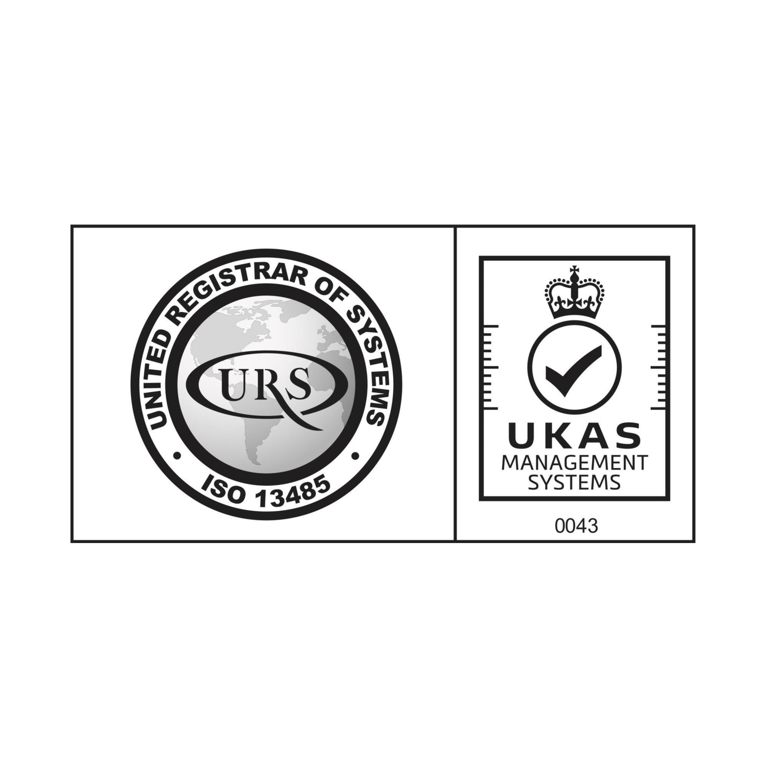 A black and white certification sticker featuring the United Registrar of Systems (URS) ISO 13485 logo on the left and the UKAS Management Systems checkmark logo on the right.